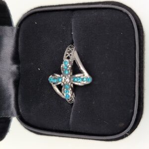 Elegant Silver & Blue Gemstone Cross Ring "With God All Things Are Possible" 8
